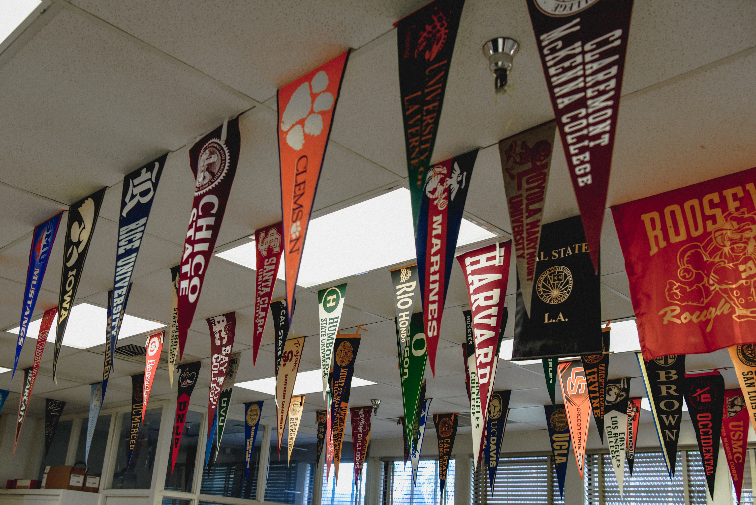 College penents hang from the ceiling,